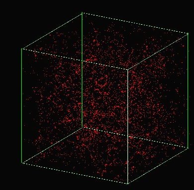 A random subset of the one-million  particle distribution in acosmological simulation of aCDM universe with Omega_m=1 and an Hubble constant of 50 Km/sec/Mpc.The size of the box is400 Mpc = 1.3 10^9 light-year.